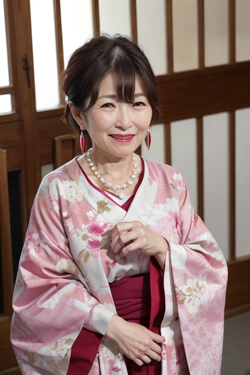 Beautiful mature Japanese woman aged 55, Long eyelashes, Red lipstick, Pink Cheeks, Pearl Necklace, Earrings, Dark eyeshadow, Japanese Kimono, Old houses in Kyoto 