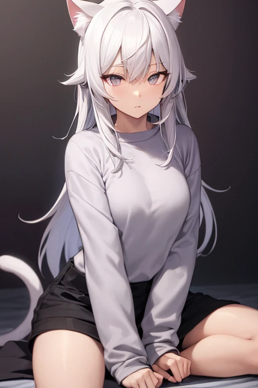 (drawning),Female character, Cat's ears,purples eyes, Black and white sweatshirt,LONG white hair