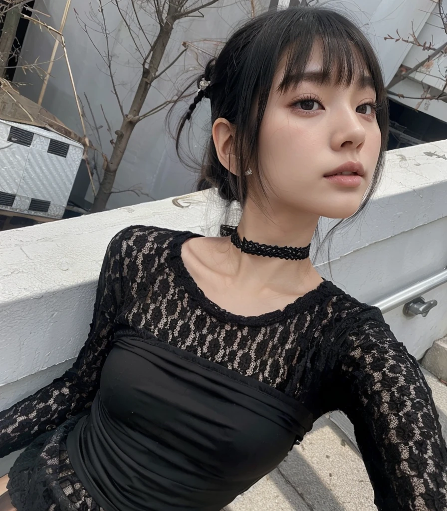 there is a woman dressed in black taking a selfie, lalisa manobal, A woman young, she has long hair, the hime cut, with long black hair, with black hair, shiny hair, long shiny black hair, putridity, she has black hair, Retrato de Asuka Langley Soryu, lalisa manobal, clear and beautiful skin, pale, delicate asian, Ulzzang kindness, long hair with bangs