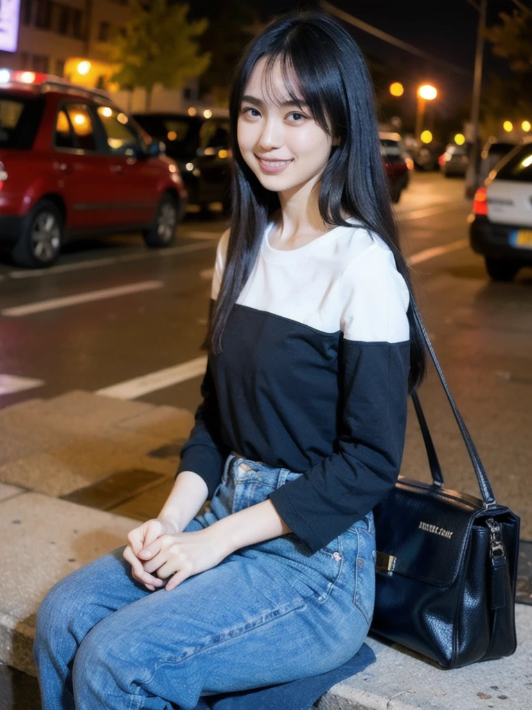 a slim young woman was sitting on the sidewalk with a satisfied facial expression and a small smile. He has long hair, wearing a tight, rib-textured T-shirt, and holding a small black bag in her lap. Behind, there is a wall with graffiti. This scene was taken at night, with street lights illuminating the area and several vehicles visible in the background.
