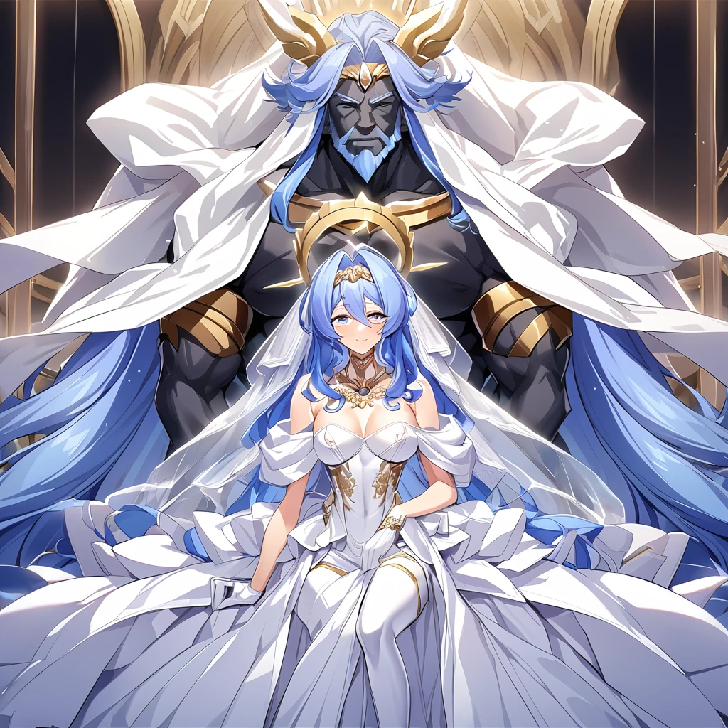 ((Highest quality)), ((masterpiece)), (detailed), (Perfect Face)、The woman embraces, kisses, and makes love to Zeus, the great, strong, bearded, old man who is the chief god of Greek mythology, and has sex with him on a luxurious bed in heaven.、Women are messengers of God and great angels.6An archangel and god with wings and a shining halo above his head.々The wife of Zeus, the king of the gods, the goddess Extia、The woman is the beautiful Queen of the Gods, Goddess Extia, with medium-long blue hair. She is wearing a gorgeous white wedding dress with gold embroidery and trim, a white wedding veil, an engagement ring, and gorgeous accessories. She is an elegant goddess and a beautiful queen of the gods.