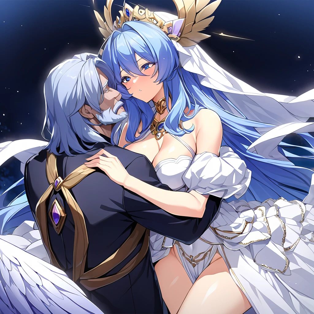 ((Highest quality)), ((masterpiece)), (detailed), (Perfect Face)、The woman embraces, kisses, and makes love to Zeus, the great, strong, bearded, old man who is the chief god of Greek mythology, and has sex with him on a luxurious bed in heaven.、Women are messengers of God and great angels.6An archangel and god with wings and a shining halo above his head.々The wife of Zeus, the king of the gods, the goddess Extia、The woman is the beautiful Queen of the Gods, Goddess Extia, with medium-long blue hair. She is wearing a gorgeous white wedding dress with gold embroidery and trim, a white wedding veil, an engagement ring, and gorgeous accessories. She is an elegant goddess and a beautiful queen of the gods.