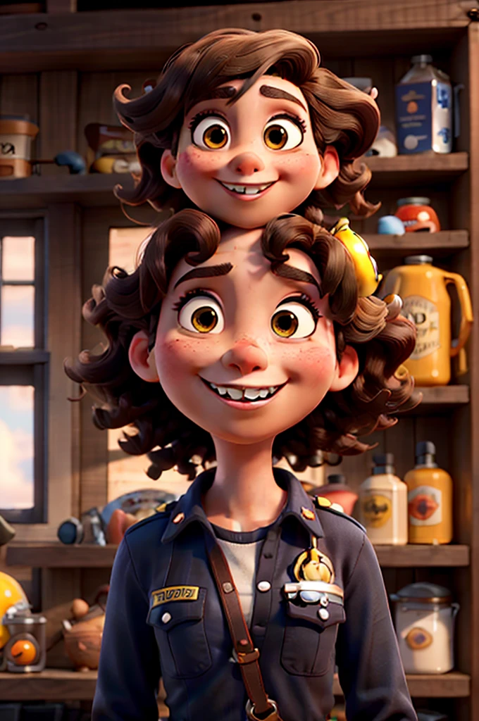 Create a Disney Pixar-style character, Woman,  black, long curly dark brown hair, honey colored eyes,Grinning, in a firefighter outfit 


