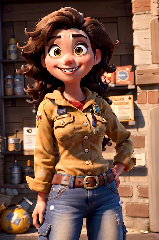 Create a Disney Pixar-style character, Woman, black, long curly dark brown hair, honey colored eyes,Grinning, in a firefighter outfit