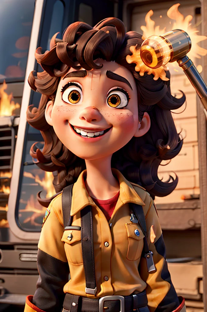 Create a Disney Pixar-style character, Woman,  black, long curly dark brown hair, honey colored eyes,Grinning, in a firefighter outfit 


