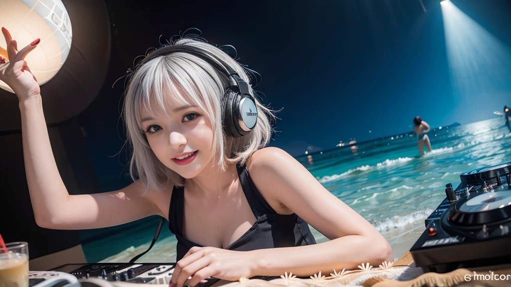 (ultra - detailed, 16K resolution, Cinema lenses, rendering by octane), (high resolution:1.18), intricate detail, (masterpiece:1.1), (highest quality:1.1), (1girl, portrait, white hair, blue eyes, short hair, detailed eyes),Wearing silver DJ headphones, sequined T-shirt, (in the beach:1.5), (Iconic hip-hop pop costumes:1.3), Smile while DJing on stage, DJ studio next to the beach, ((A stylish DJ stage on a hill overlooking the beach)), full body shot, Photorealistic photography by Sunshine, (cute round face:1.3), perfect fingers, five fingers, beautiful hands, perfect hands. master peace, cute smile, Fixhand.