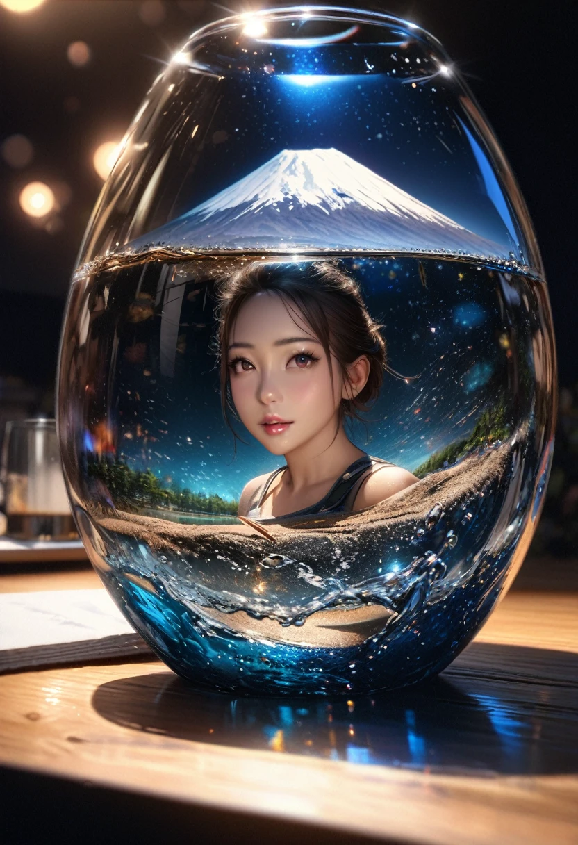 a detailed hyper-realistic 8K glass of water with bubbles, the right side of the glass filled with blue water, beautiful, bright, with Mount Fuji and starry night sky inside the glass, masterpiece, ultra-detailed, realistic, photo-realistic, HDR, studio lighting, physically-based rendering, vivid colors, bokeh