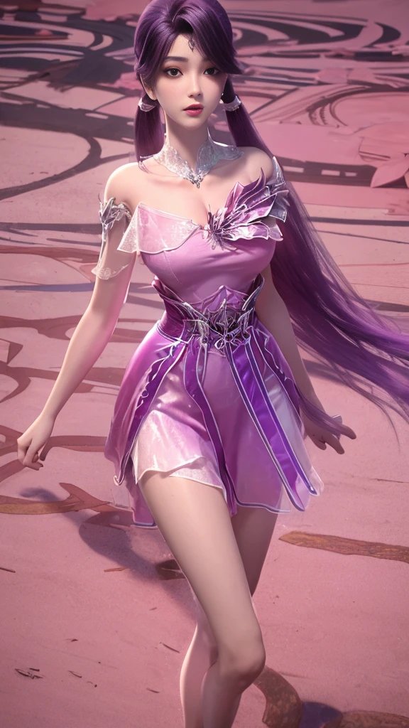 one-girl，16 yaers old，full bodyesbian，Butterfly flower sea，Pink and purple bandages wrapped around the chest，Pink and purple shorts，Tulle long dress，Covered with crystal tulle，Gorgeous Hair in Long Purple，adolable，Walking posture，solo，Tulle covers the thighs，The neck should not be too long