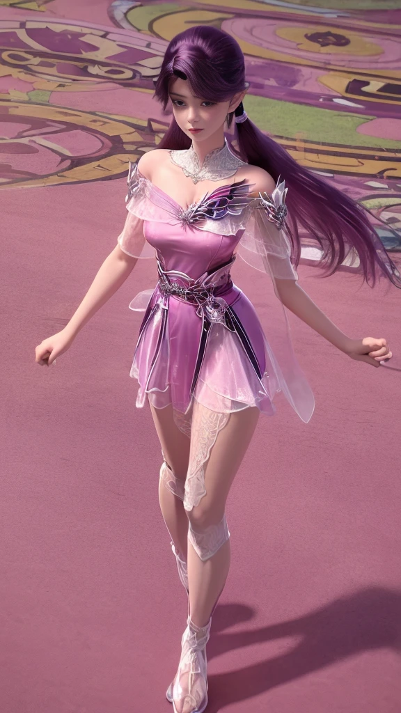 one-girl,16 yaers old,full bodyesbian,Butterfly flower sea,Pink and purple bandages wrapped around the chest,Pink and purple shorts,Tulle long dress,Covered with crystal tulle,Gorgeous Hair in Long Purple,adolable,Walking posture,solo,Tulle covers the thighs,The neck should not be too long
