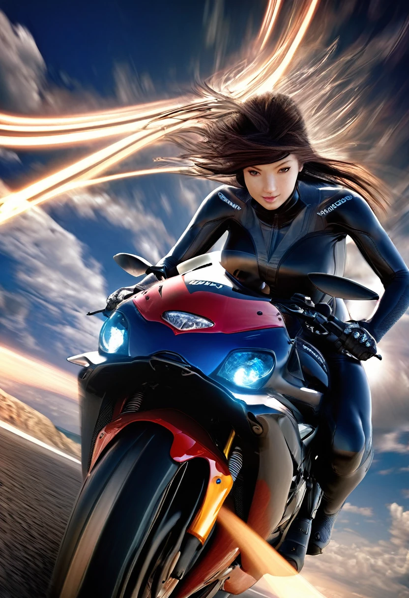 1girl(stunning goddess beauty in perfect curved body(anatomy accurately:1.0))riding hyperspeed motorcycle in the speed of light, riding, hyperspeed,, speed of light, left the light trail behind, light trail, above light, clouds background, above view, dynamic angle, cinematic motion, dynamic photoshot, epic realistic, face up, looking up to camera, dramatic light, super detailed, uhd, 8k, wallpaper, insane quality, DSLR photoshot, in tight black shining body suit,
