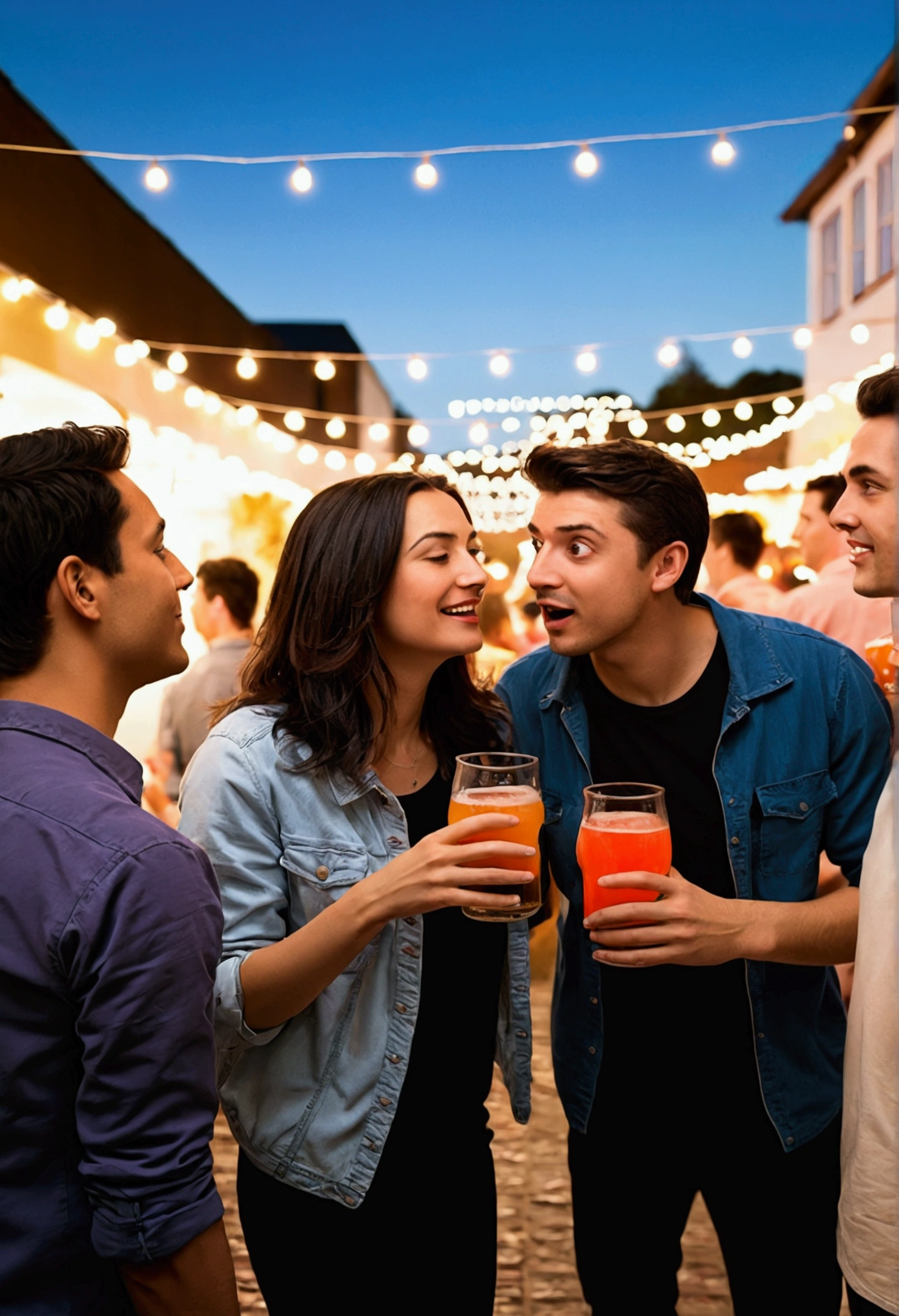 aerial image of an outdoor party with friends wearing the same color clothes and drinking beer