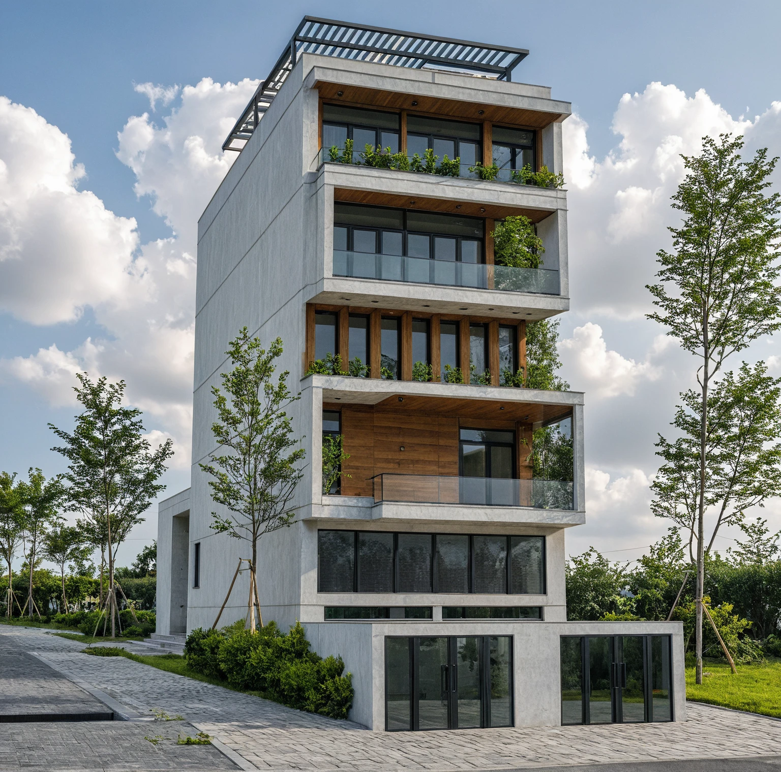 Masterpiece, high quality, best quality, authentic, super detail, outdoors, onestoreyvillaXL, aiaigroup, house style modern on the street ,stairs, white wall ,road,pavement, grass, trees, sky, cloud, (daylight:1.1)
