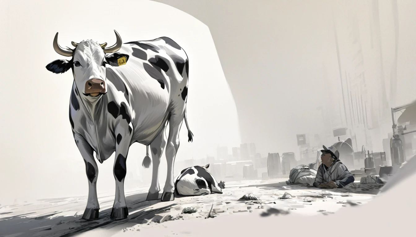 a cow,Look sideways at the camera,Full body picture,Detailed black and white sketch, Microrealism,