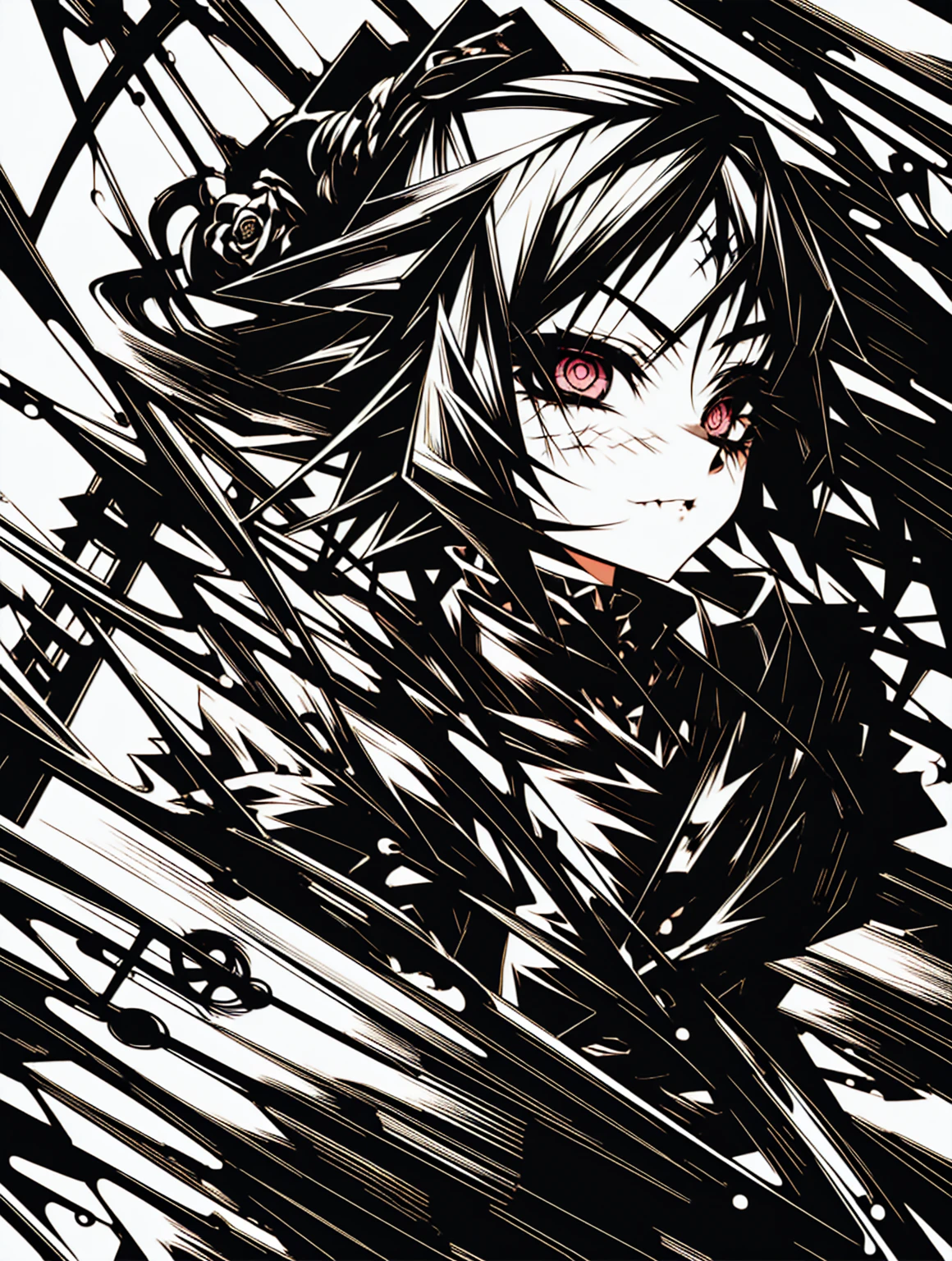 v5lcn style,(Highest quality,Tabletop:1.2),(Anime Style,Comic Noir Style:1.1),One Girl,Cute Style,Adorable,Highly detailed eyes,Highly detailed face,Very fine hair,8k,solve,Gothic Dress,Gothic Punk