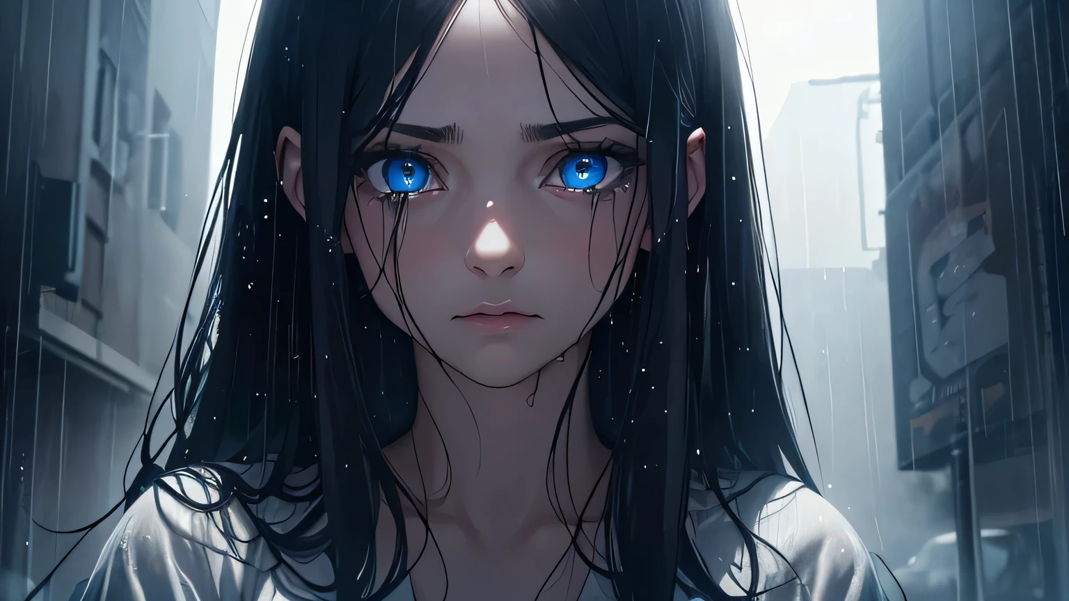 In absolute darkness, highly detailed photorealistic portrait of a 25 year old woman, detailed blue eyes, long black hair, white shirt, in the rain, crying with sadness and feeling, screaming in pain sitting in absolute darkness, spectacular, cinema , digital art . hyperrealistic, 8k