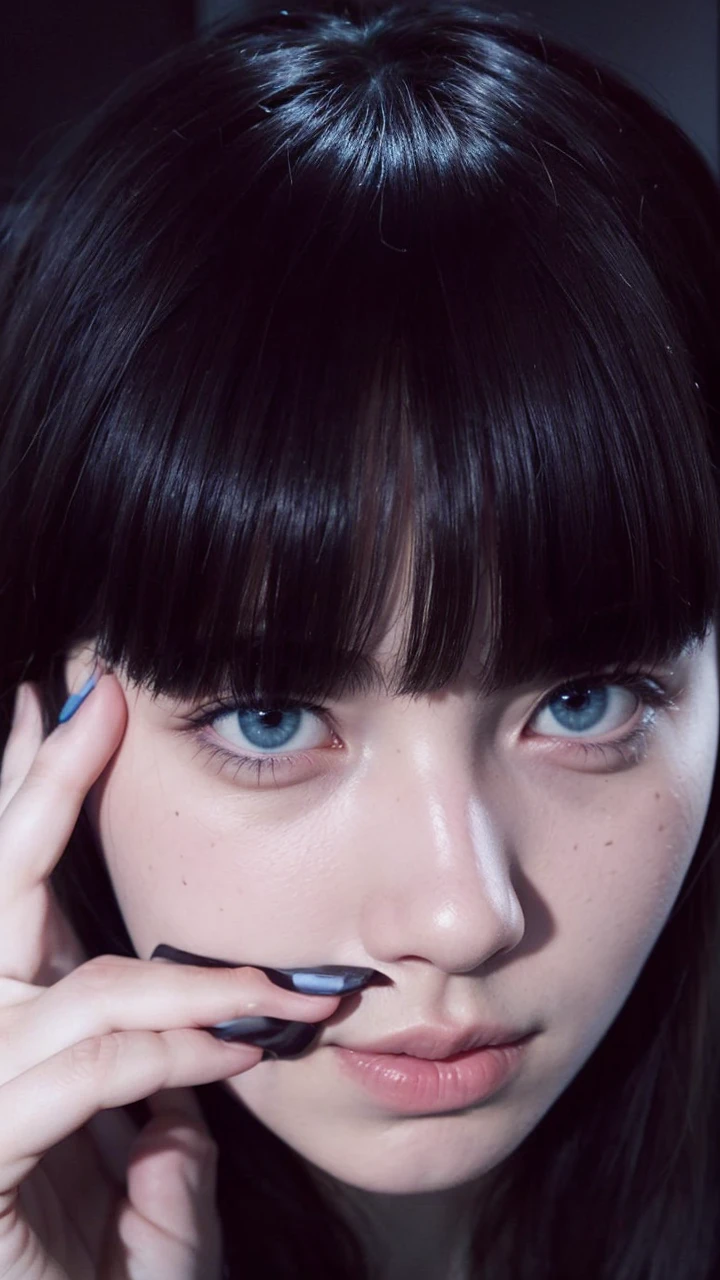 Brunette with droopy eyes, very droopy and tired. two color eyes, red and light blue. 