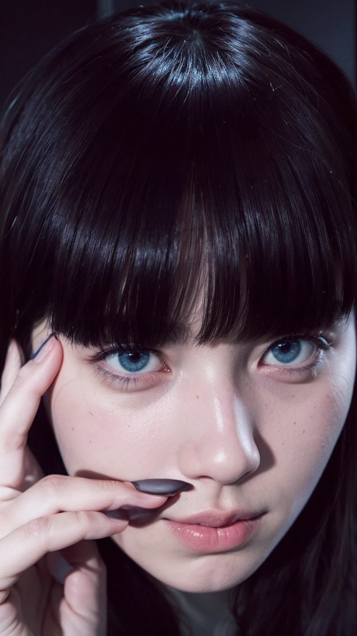 Brunette with droopy eyes, very droopy and tired. two color eyes, red and light blue.