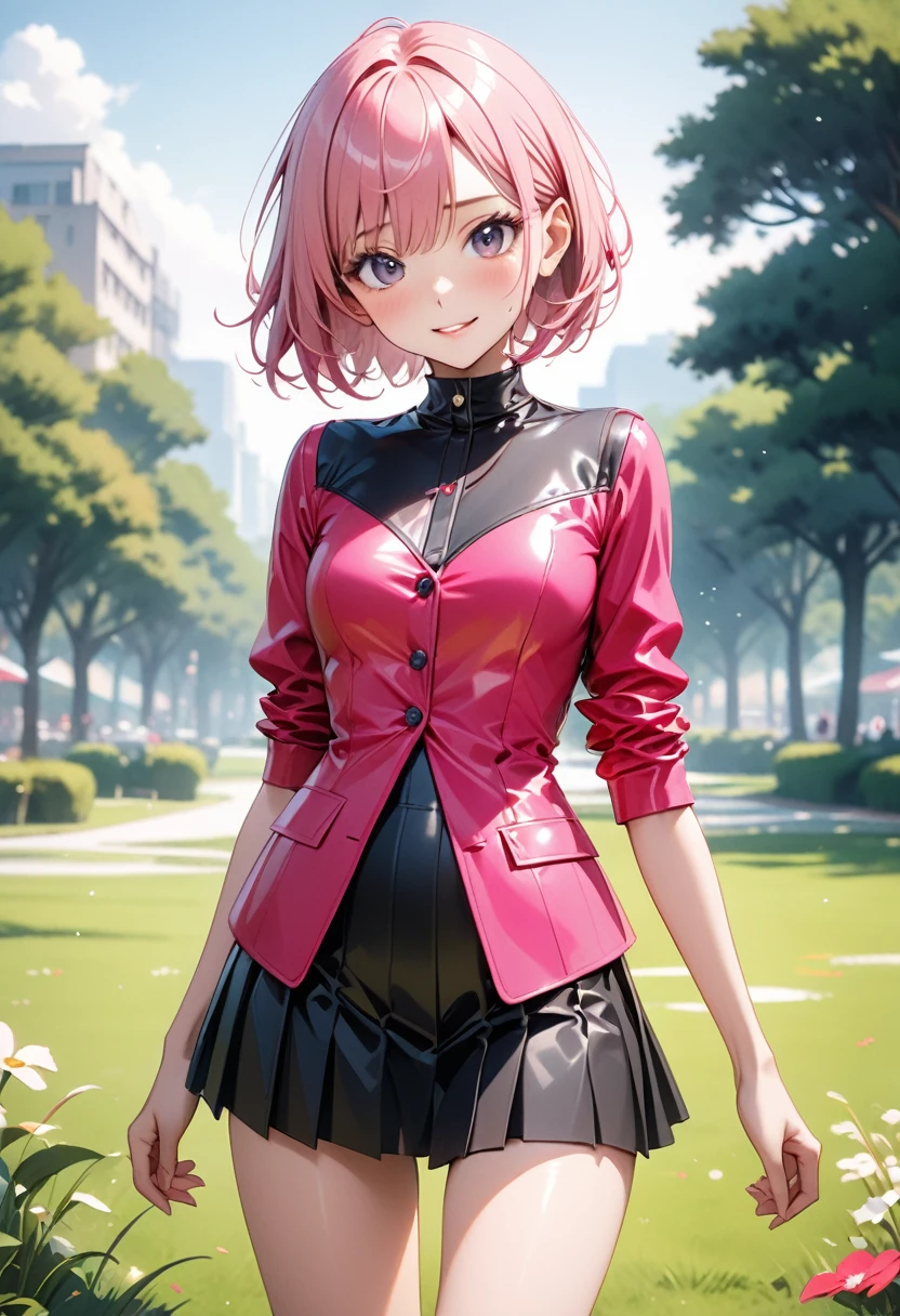 ((One-piece dress)), (Pleated skirt), Gloss Outfit, skinny, solo, 1 woman, Masterpiece, highest quality, highest quality, 16K, incredibly absurd, highly detailed, 2.5D, ai-generated, delicate and dynamic, very delicate facial expressions, delicate eye depiction, erotic, only sexy woman, ((A cute and kind face)), healthy figure, ((25-year-old woman)), 160cm tall, medium firm swaying bust, (short hair), (pink hair:1.5), bob cut, black eye, blush, Sweat,Embarrassed,sexy, ((thin thighs)), (camel toe:0.5), (visible nipples:0.8), ((shiny and lustrous)), facing straight at viewer, smile, (standing), cowboy shot, ((arm at side)), Large park, daytime, bright, on the grass, (((Pop colour outfit))),