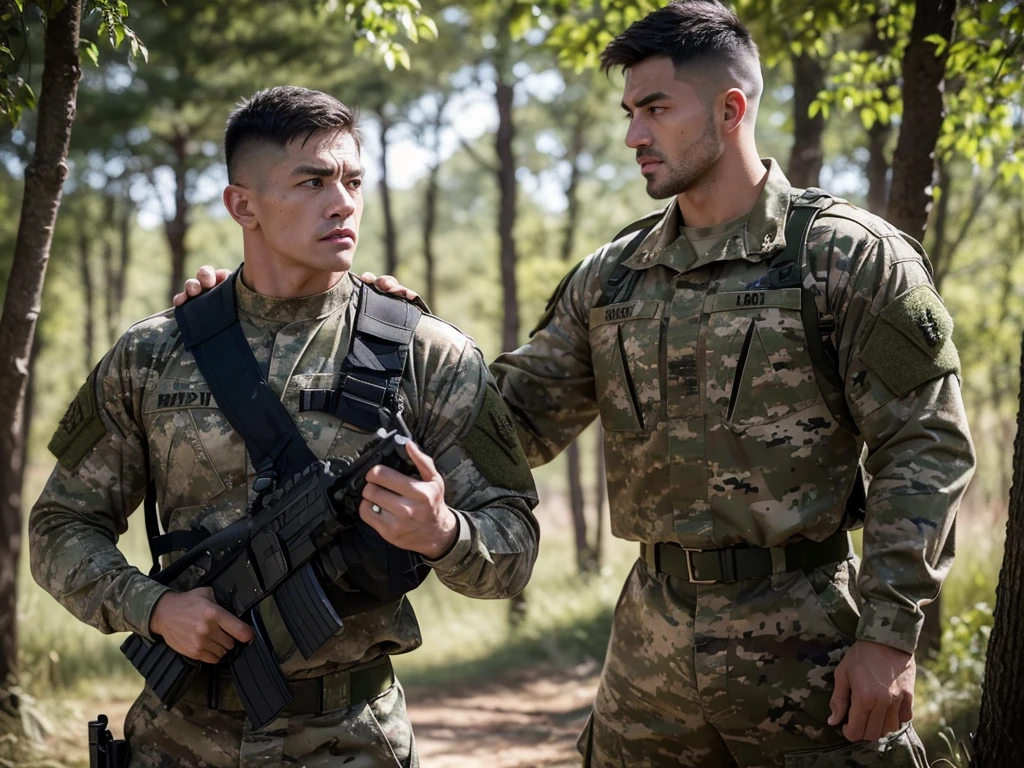 a muscular veteran soldier with battle-hardened features,strong jaw,piercing eyes,short cropped hair,wearing camouflage uniform with combat gear,standing in rugged outdoor environment,sunlight filtering through trees,cinematic lighting,muted color palette,gritty,realistic,dramatic,high-quality,8k,photorealistic