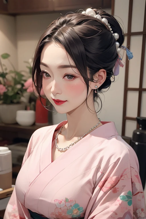 beautiful mature japanese woman, 55 years old, long eyelashes, red lipstick, pink blush, pearl necklace, earrings, heavy eyeshadow, large breasts, kimono, maiko