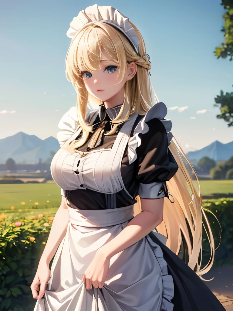 ((masterpiece)), ((Highest quality)), ((High resolution)), ((Detailed Background)), ((Ultra high definition,Highly detailed CG Unity 8k wallpaper)), alone, Siona, Blonde, Long Hair, blue eyes, Hair bundle, Soft lips, sexy, Cowboy Shot, Outdoor, ((Maid clothes))