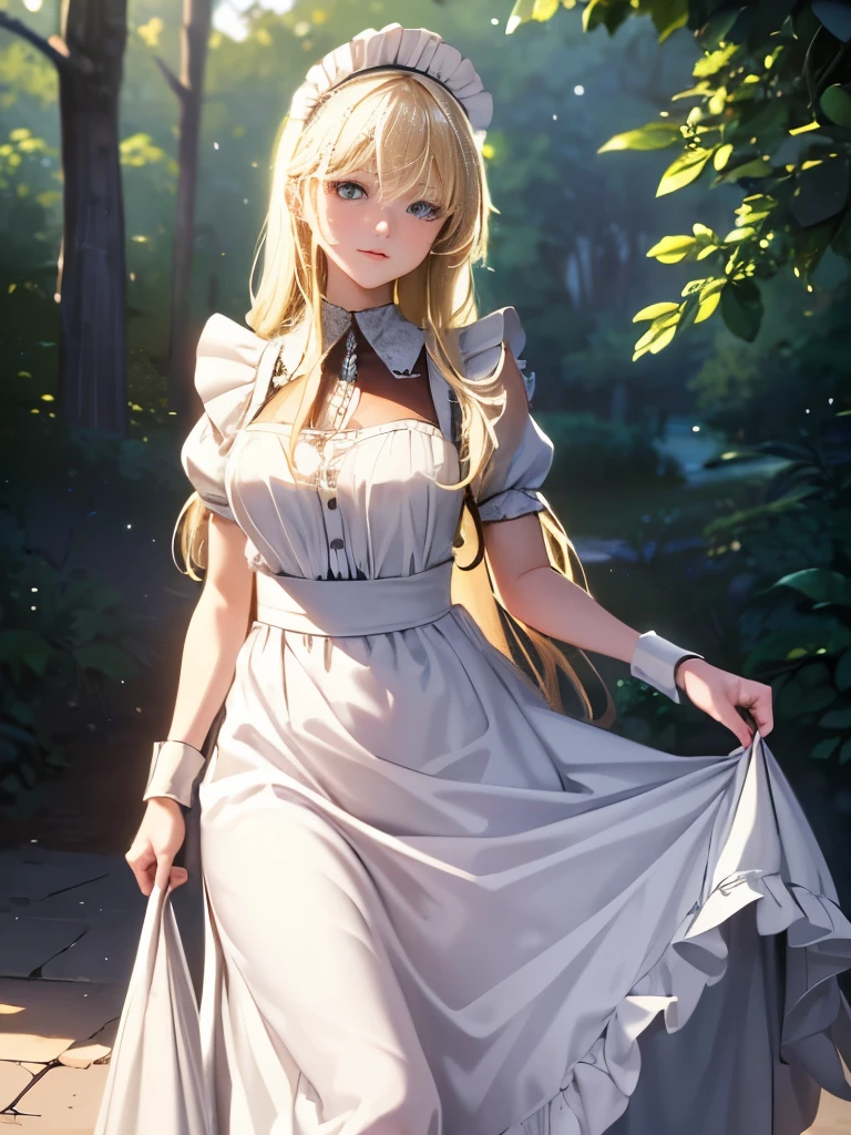 ((masterpiece)), ((Highest quality)), ((High resolution)), ((Detailed Background)), ((Ultra high definition,Highly detailed CG Unity 8k wallpaper)), alone, Siona, Blonde, Long Hair, blue eyes, Hair bundle, Soft lips, sexy, Cowboy Shot, Outdoor, ((Maid clothes))