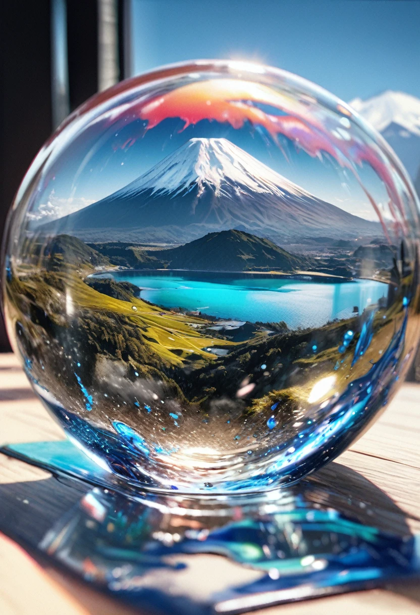 medium glass, detailed glass, vibrant blue liquid, water bubbles, reflective glass, realistic Mt. Fuji inside glass, 8K, best quality, masterpiece, photorealistic, vivid colors, physically-based rendering, extreme detail description