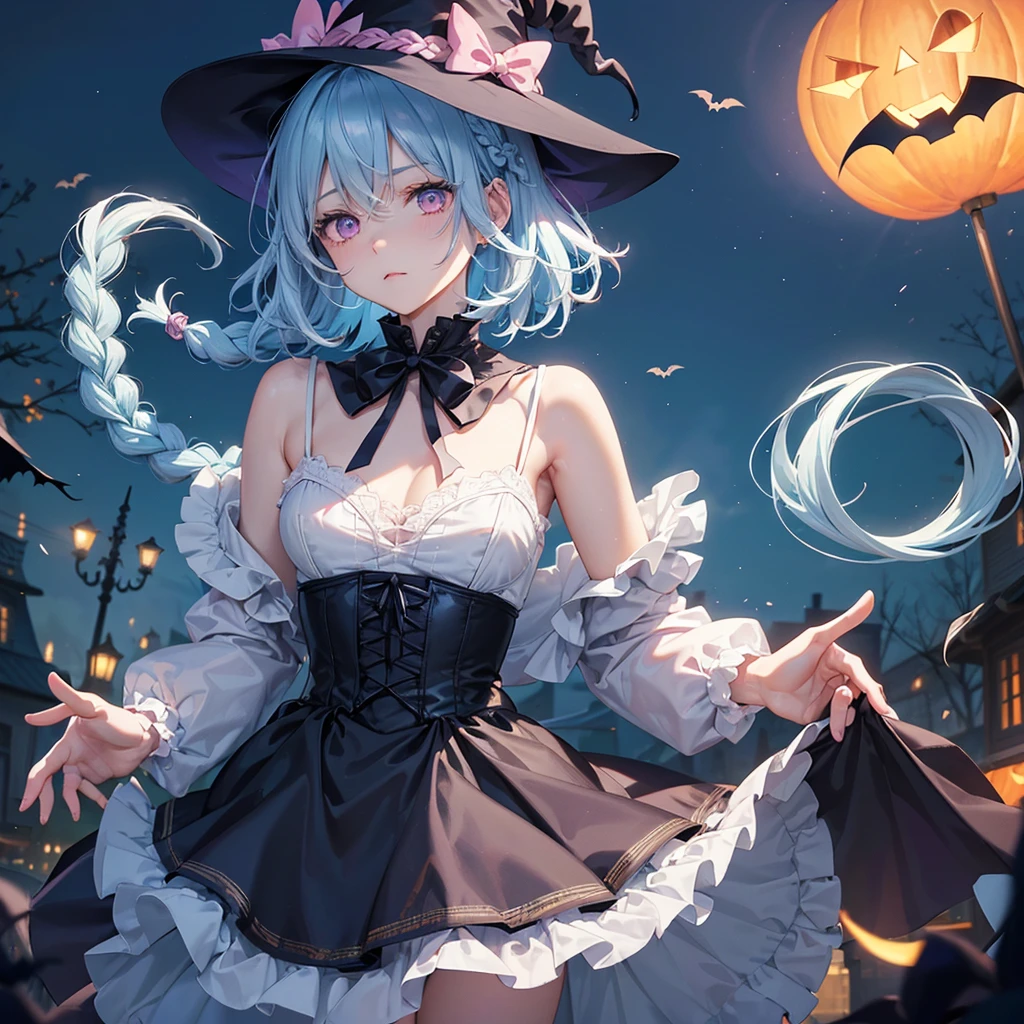 (Light blue medium hair:1.2),(Braided hair:1.2)、Pink eyes、Fair skin、cowboy shot、Halloween、The background is a pumpkin ghost、Crescent Moon、Trick or Treat、A lot of sweets、witch、Halloween night、Candy、many bat、Condescending expression、solo、(masterpiece、Highest quality、Very detailed、Best Shadow)、(Detailed Background)、(Beautifully detailed face)、High contrast、(Best lighting、Very delicate and beautiful)、(Cinematic Light)、colorful、Hyper Detail、Dramatic Light、Exquisite detail、
