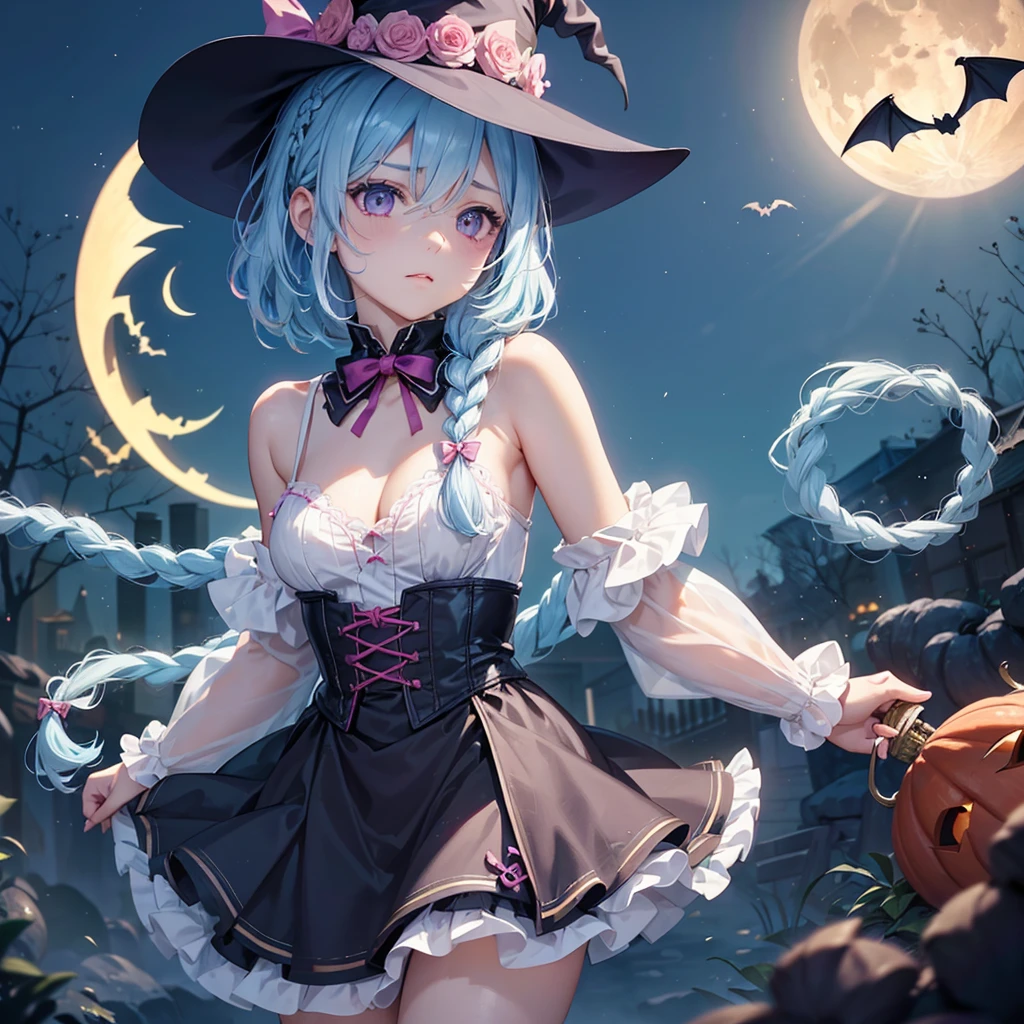 (Light blue medium hair:1.2),(Braided hair:1.2)、Pink eyes、Fair skin、cowboy shot、Halloween、The background is a pumpkin ghost、Crescent Moon、Trick or Treat、A lot of sweets、witch、Halloween night、Candy、many bat、Condescending expression、solo、(masterpiece、Highest quality、Very detailed、Best Shadow)、(Detailed Background)、(Beautifully detailed face)、High contrast、(Best lighting、Very delicate and beautiful)、(Cinematic Light)、colorful、Hyper Detail、Dramatic Light、Exquisite detail、