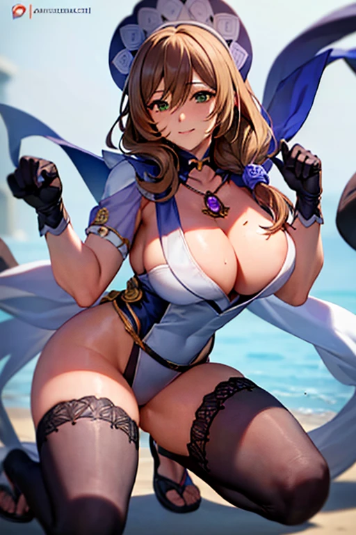 masterpiece, high resolution, best quality, rendered art, beautiful art, well formed fingers and hands, 1 woman, Lisa Minci, hair ornament ,adult, grown up, 31 years old, large and round breasted, cleavage, full body, wearing a Iroha Samurai Spirits cosplay, Iroha_Samurai_Spirits_cosplay, maid hat, choker, fingerless gloves, black tights, sexy and skimpy kimono, pelvic curtain, white maid uniform,fighting in a combat match, showing her fighting skills, making her guard, about to hit the viewer, looking at the viewer,   sweating, bouncing breasts, smiling joyfully and brightly, being confident and proud, action and fighting scene, fighting cage on beach environment.                    