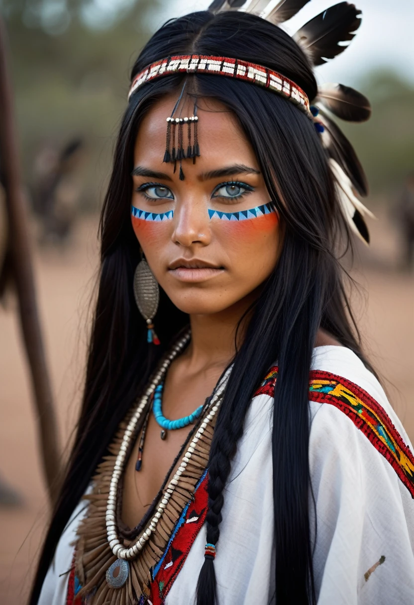 I want you to create a character. She is a young 25-year-old woman with the typical characteristics of the Apache people. Her long, straight black hair frames a face with tanned skin, common among her people. His light blue eyes contrast with the color of his skin, creating a penetrating and expressive look. She wears traditional clothing from her tribe, made from animal skin, and her face is painted black as part of a war ritual. she is a warrior