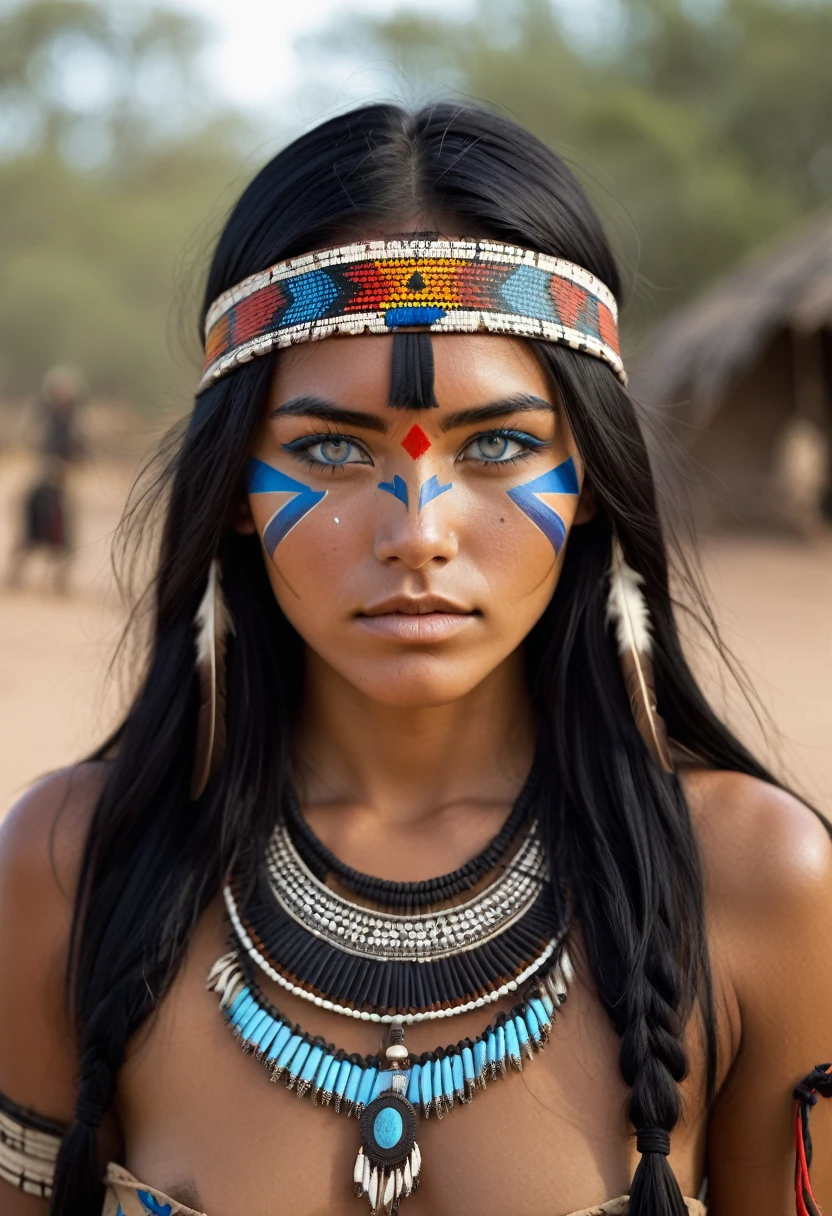 I want you to create a character. She is a young 25-year-old woman with the typical characteristics of the Apache people. Her long, straight black hair frames a face with tanned skin, common among her people. His light blue eyes contrast with the color of his skin, creating a penetrating and expressive look. She wears traditional clothing from her tribe, made from animal skin, and her face is painted black as part of a war ritual. she is a warrior