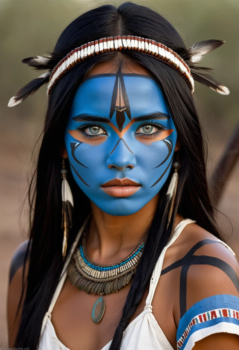 I want you to create a character. She is a young 25-year-old woman with the typical characteristics of the Apache people.  Her long, straight black hair frames a face with tanned skin, common among her people.  His light blue eyes contrast with the color of his skin, creating a penetrating and expressive look.  She wears traditional clothing from her tribe, made from animal skin, and her face is painted black as part of a war ritual.  she is a warrior