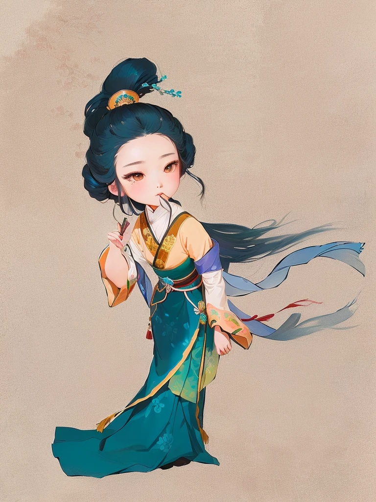 A girl in a turquoise costume、Long hair girl cartoon, Girl wearing Hanfu,Ancient costume girl wearing a hairpin,Flowing long hair, ancient Chinese Princess, Chinese Princess, Inspired by Du Qiong, Ancient Dynasty Princess, Ancient Chinese Goddess, Ancient Chinese beauties,, Wearing ancient Chinese clothes, Beautiful character painting, Chinese Art Style,Hand drawn ancient costume girl,4K,8k,Ultra-detailed hand-painted