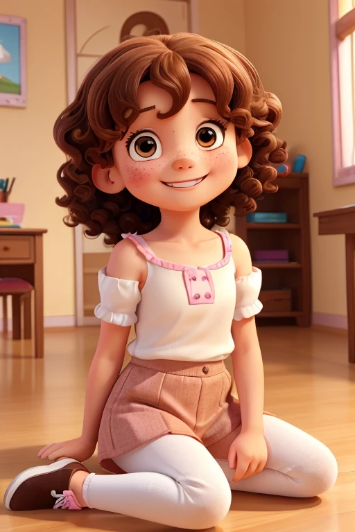 a photo of dodora carinss, a 7 year old girl, happy and smiling, white with freckles, with shoulder-length brown curly hair, brown eyes, pink blouse, black pants, white sneakers, sitting on the floor
