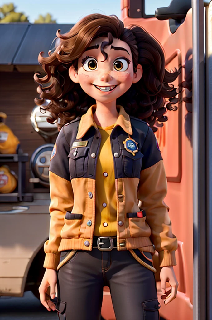Create a Disney Pixar-style character, Woman, skin black, long curly dark brown hair, honey colored eyes, Grinning, in a firefighter outfit