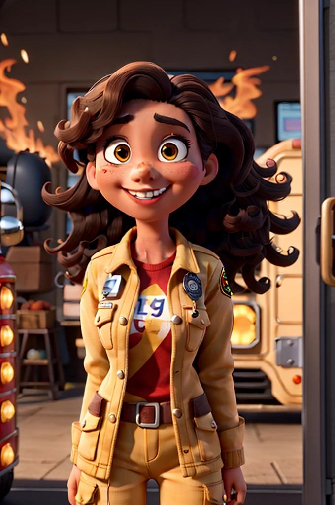 Create a Disney Pixar-style character, Woman,  skin black, long curly dark brown hair, honey colored eyes, Grinning, in a firefighter outfit 