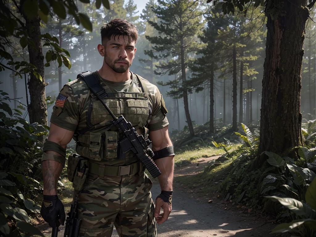 a muscular veteran soldier with battle-hardened features,strong jaw,piercing eyes,short cropped hair,wearing camouflage uniform with combat gear,standing in rugged outdoor environment,sunlight filtering through trees,cinematic lighting,muted color palette,gritty,realistic,dramatic,high-quality,8k,photorealistic