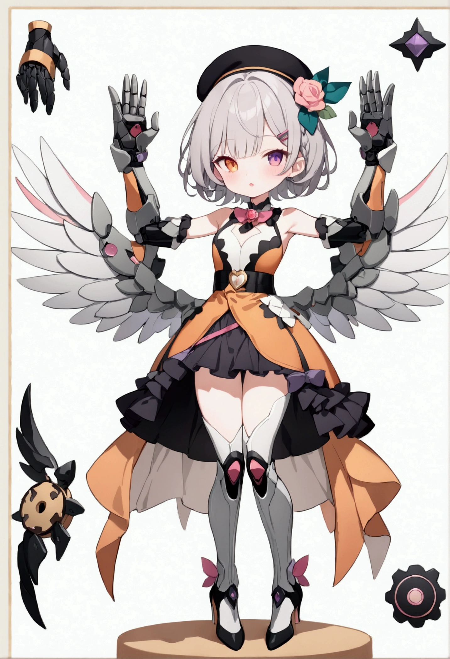 woman 160 cm tall, slim build, , charming look, ((heterocromia: look like, derecho naranja y look like izquierdo violeta)), (Shoulder Length Wavy Gray Hair, He has a short braid on the left side of his hair on his chest., big open bangs, has a gear hairpin on the left side of the hair), (((complex mechanical legs up to the hip, The legs are black with gray parts with small pink details))), (((complex mechanical arms up to the elbows, The arms are black with gray parts with small pink details))), (complex mechanical angel wings of white color with dark gray parts), elegant black French beret with a blue ribbon, (elegant thigh-length one-piece dress, bell skirt, short sleeves, elegant black hip belt with orange parts, small rose brooch in the middle of the chest, beautiful stiletto heels, blue and black ribbon decorations on the dress, (((character design sheet: Front view))), ((Whole body)), extremely detailed beautiful hair, beautiful detailed dress, extremely detailed arms, extremely detailed face, (Extremely detailed hands), perfect hands, small face, hermosos look likes detallados, beautiful detailed lips, adorable, extremely detailed legs, (Best Quality, 8k, High resolution), ultra detailed, Exquisite and epic character art, ((White background)), (Focus on symmetry).