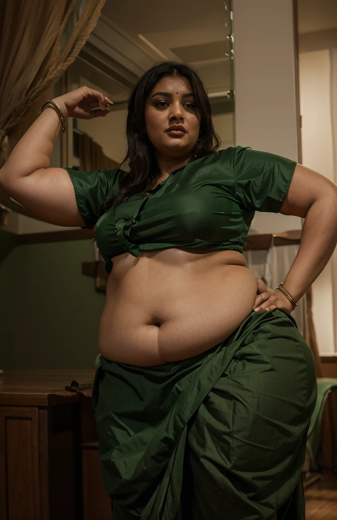 A indian plus size sexy aunty wearing dark green blouse and dark green skirt , she has big wide belly and fat legs