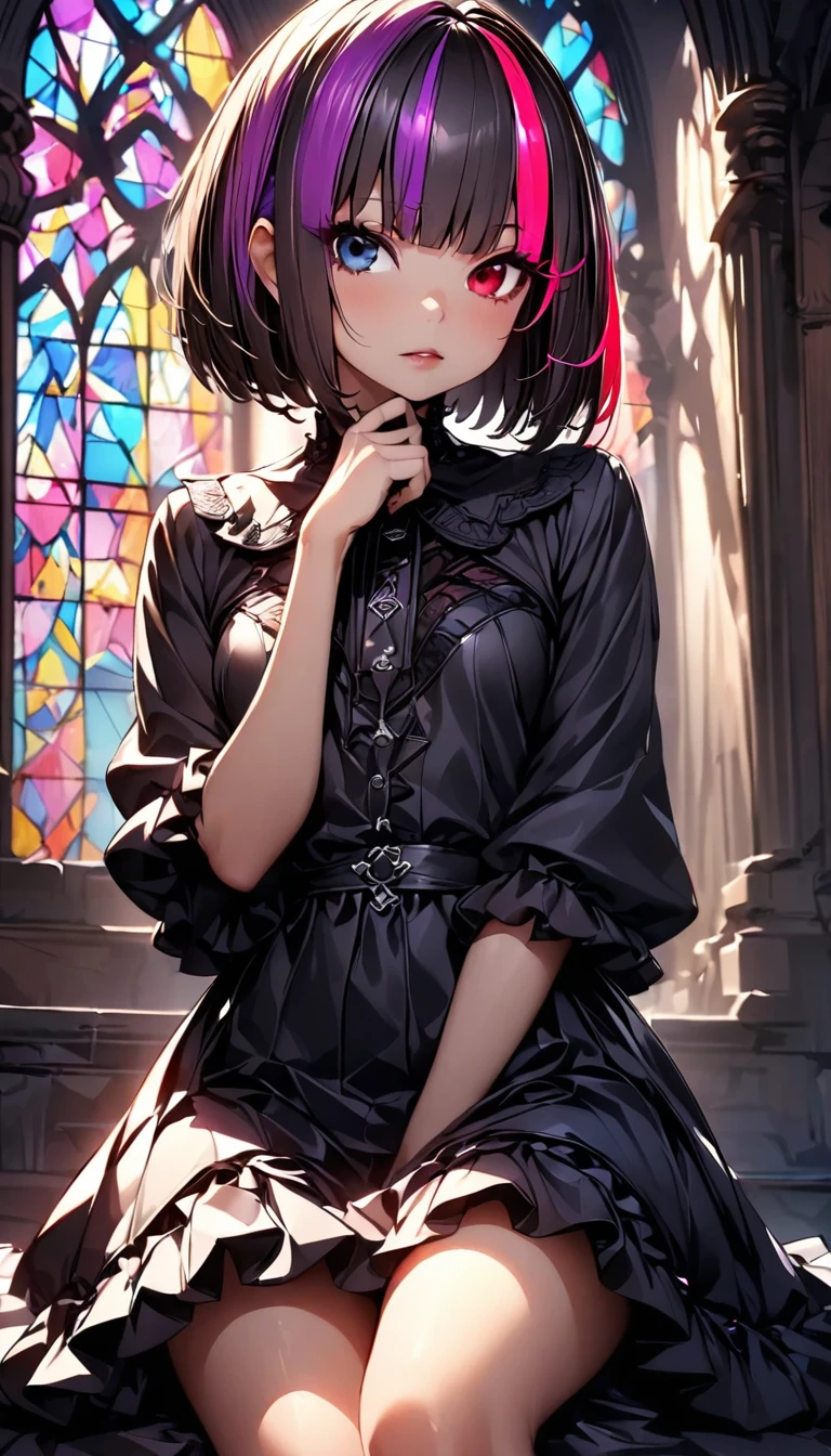 (highest quality:1.2, Very detailed, up to date, Vibrant, Ultra-high resolution, High Contrast, masterpiece:1.2, highest quality, Best aesthetics), Portraiture、girl、solo, (25-years-old:1), slim, , heterrochromia, green eye, red eye, ((gothic lolita:1.3)), intricate black lace dress, (in charch), (Stained glass:1), hand on own chin, Bright colors、Beautiful fine details、Beautiful lip detail、extra short hair, ((bob cut:1.5))、pink and purple, ((streaked hair:1.9)), (highlights hair: 1.6), (small breast:1.3), cowboy shot:1,