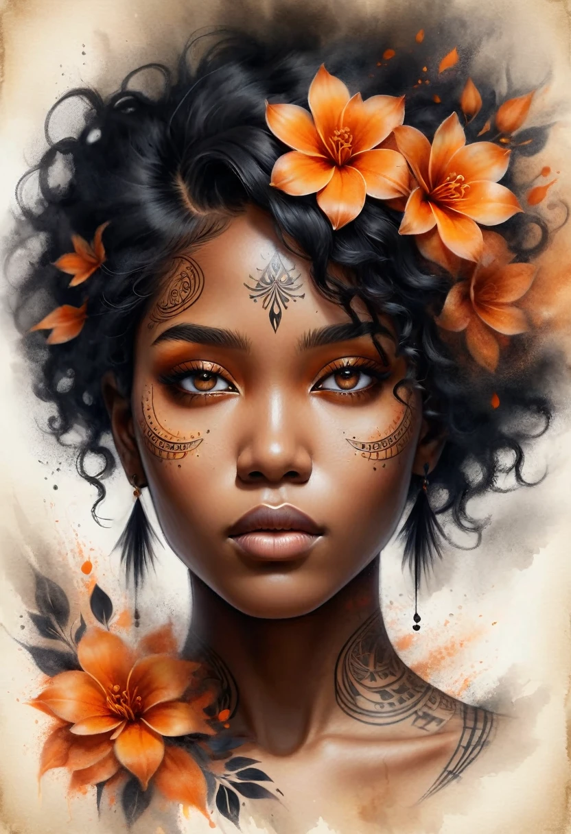 Ink and watercolor illustration on parchment. Portrait. In the midst of a dark fantasy realm, a mysterious african female, black hair, orange eyes. tattoos. Orange flowers. eye focus. sensual. Mystic powers. Tribal aesthetic. Bokeh blur. ral-dissolve. BadDream. photorealistic.
