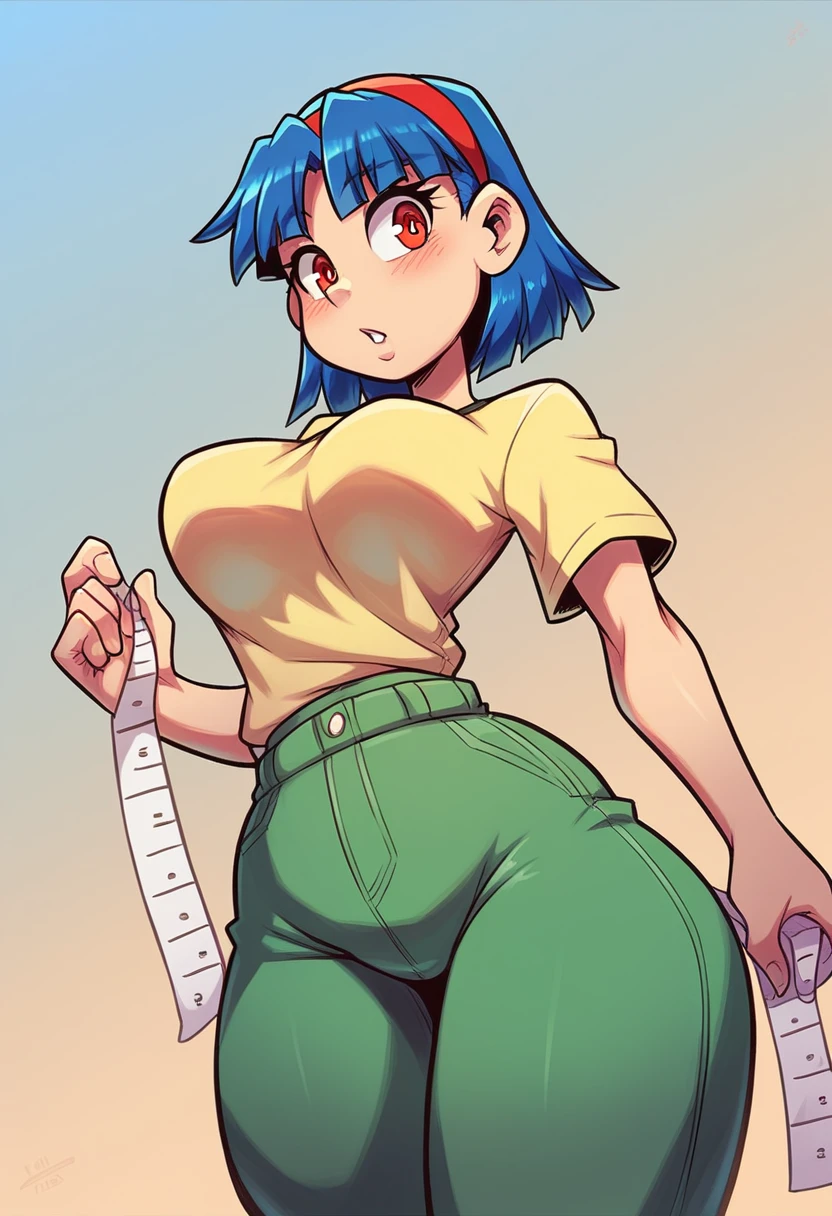 My name is Yukiko.I am a white test woman with long Sky blue hair,red eye color.I am 1.62 cm tall . My breasts measure 200 cm, my waist 40 cm and my hips 200 cm. Dressed in a low-cut yellow blouse and tight green pants, with her hair tied over her shoulder.  . With big breasts 200 cm