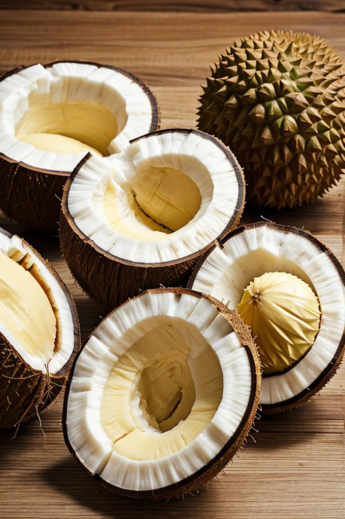 Help create a coconut, but the inside is durian flesh. The picture is sharp and realistic.
