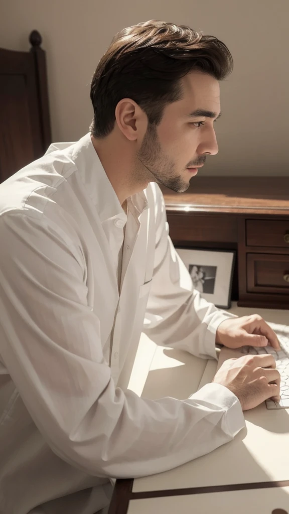 8K, best quality, masterpiece, Practical, Hyperreal, photo Practical, quality improvement, A man in white clothes stood beside the desk, In the style of a bright and sunny designer, Gentle and peaceful profile, Natural Beauty, close up