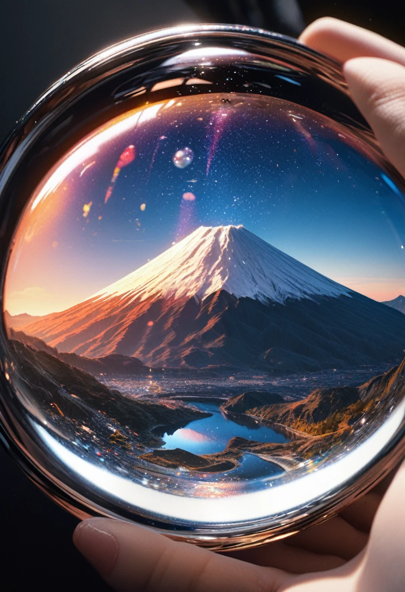 a highly detailed, 8k, glass, water inside the glass, bubbles, bright blue water on the right, like, bright, realistic mount fuji and starry sky inside the glass, photorealistic, masterpiece, studio lighting, extreme detail, hyper detailed, physically-based rendering, sharp focus, cinematic lighting, vivid colors, intricate details