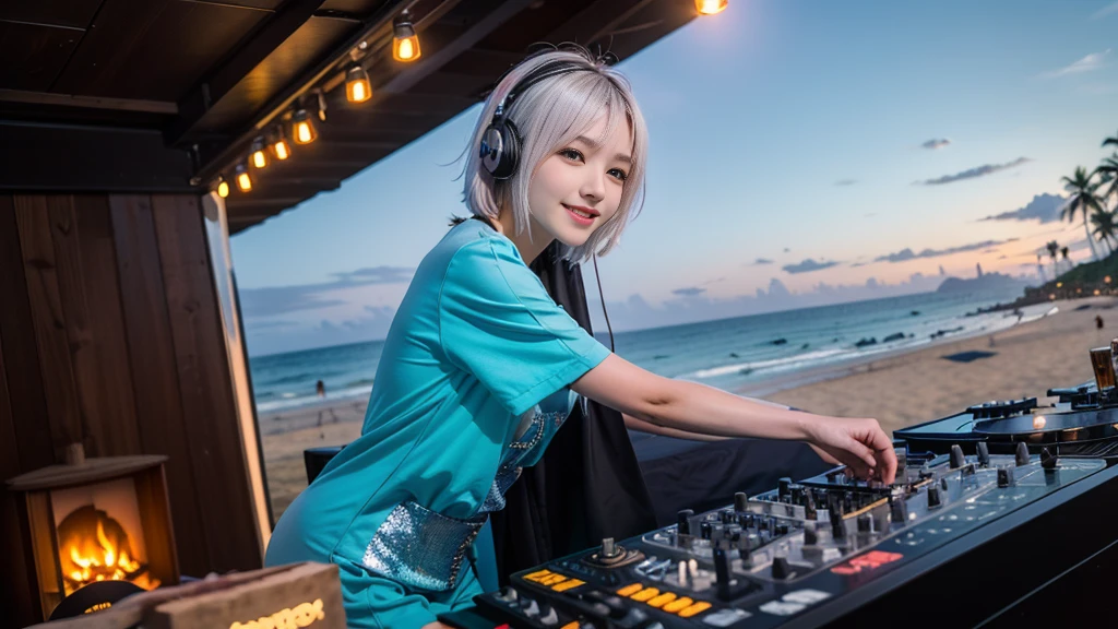 (ultra - detailed, 16K resolution, Cinema lenses, rendering by octane), (high resolution:1.18), intricate detail, (masterpiece:1.1), (highest quality:1.1), (1girl, portrait, white hair, blue eyes, short hair, detailed eyes),Wearing silver DJ headphones, sequined T-shirt, (in the beach:1.5), (Iconic hip-hop pop costumes:1.3), Smile while DJing on stage, DJ studio next to the beach, ((A stylish DJ stage on a hill overlooking the beach)), full body shot, Photorealistic photography by Sunshine, (cute round face:1.3), perfect fingers, five fingers, beautiful hands, perfect hands. master peace, cute smile, Fixhand.