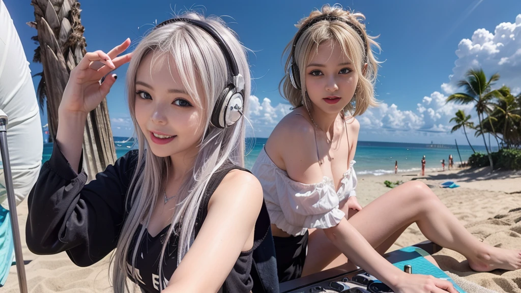 (ultra - detailed, 16K resolution, Cinema lenses, rendering by octane), (high resolution:1.18), intricate detail, (masterpiece:1.1), (highest quality:1.1), (1girl, portrait, white hair, blue eyes, short hair, detailed eyes),Wearing silver DJ headphones, sequined T-shirt, (in the beach:1.5), (Iconic hip-hop pop costumes:1.3), Smile while DJing on stage, DJ studio next to the beach, ((A stylish DJ stage on a hill overlooking the beach)), full body shot, Photorealistic photography by Sunshine, (cute round face:1.3), perfect fingers, five fingers, beautiful hands, perfect hands. master peace, cute smile, Fixhand.