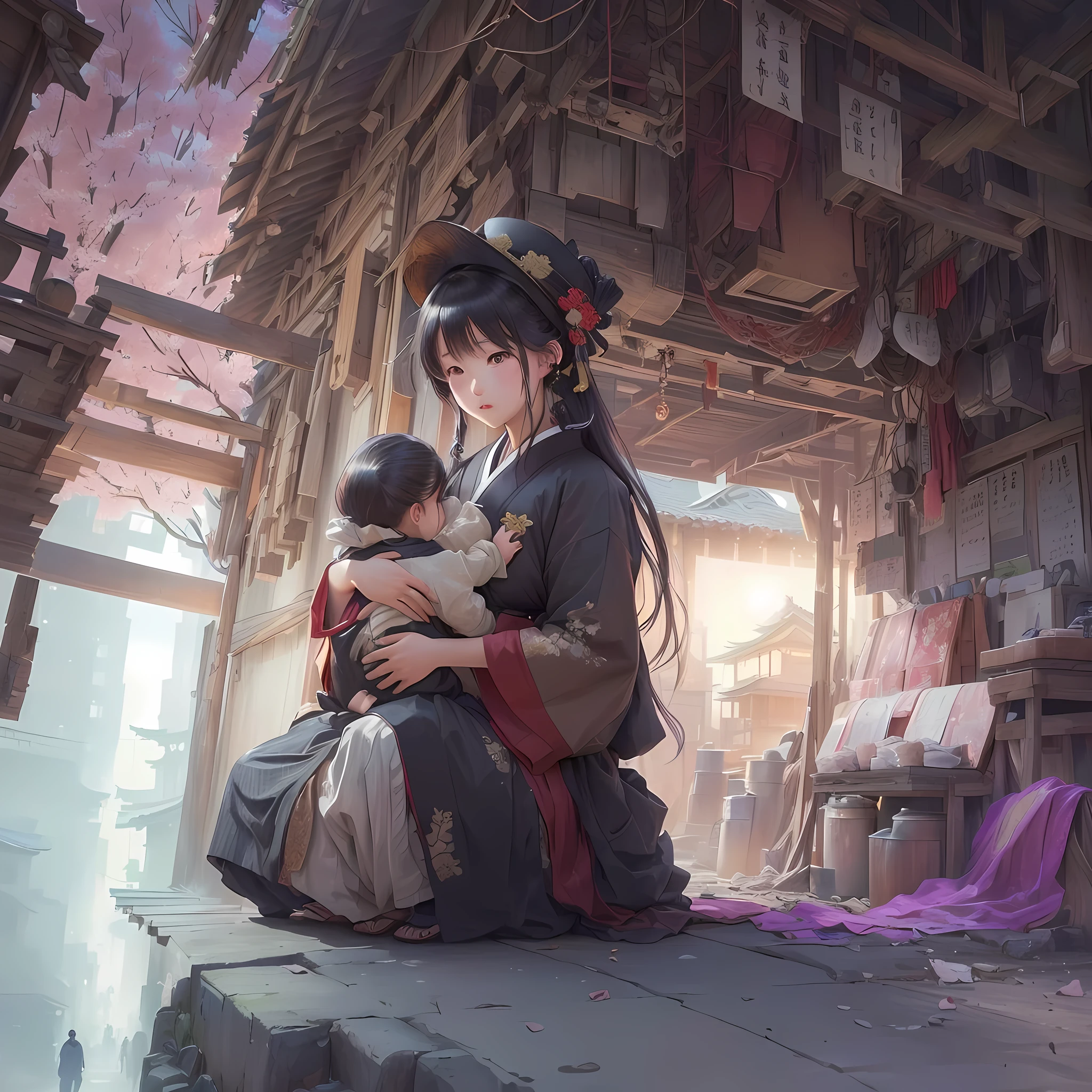 Anime girl sitting on a chair in a room with a window, by Shimo, Jan J, Gwaiz on pixiv artstation, Gwaiz on artstation pixiv, Gwaiz, artstation pixivでトレンド, artwork in the style of Gwaiz, Sosei, Written by Zou Zhe, Illustration concept art Blazing flames, fire, crowd, throng, freezing, mother warming her baby.Scenery and Cityscape in the Early Meiji Era After the Meiji Restoration, Japan underwent rapid modernization and civilization. Consequently, many changes and reforms occurred. Below is a detailed explanation of the scenery, appearance of the poor, occupations, and cityscapes in the early Meiji period (1868 to the early 1880s). 2. Appearance of the Poor Life for the impoverished and lower classes remained harsh. In particular, in urban areas, people migrated from rural areas or unemployed artisans gathered, intensifying competition in the labor market. Many of them struggled with poverty, often residing in slums or around temples. 3. Occupations Meiji early Japan witnessed a diversification of occupations. Traditional agriculture and handicrafts were accompanied by the rise of modern industry and commerce. Particularly in urban areas, factory workers, shop clerks, and transporters increased, giving rise to new professions. However, many in these occupations endured harsh working conditions. 4. Influence of Civilization and Enlightenment During the Meiji era, Western cultural influences spread rapidly. Changes in clothing, dietary habits, and the proliferation of Western-style architecture advanced, especially in urban areas. Conversely, this development posed a threat to traditional culture and lifestyles, resulting in societal upheaval and adaptation challenges. 5. Social Change and Policy Influence While promoting modernization policies, the government also addressed poverty and social issues. Legislation for labor protection and charitable activities to aid the poor were implemented. Nevertheless, living conditions for the impoverished scarcely improved. The early Meiji period marked a rapid transformation in Japan, with co