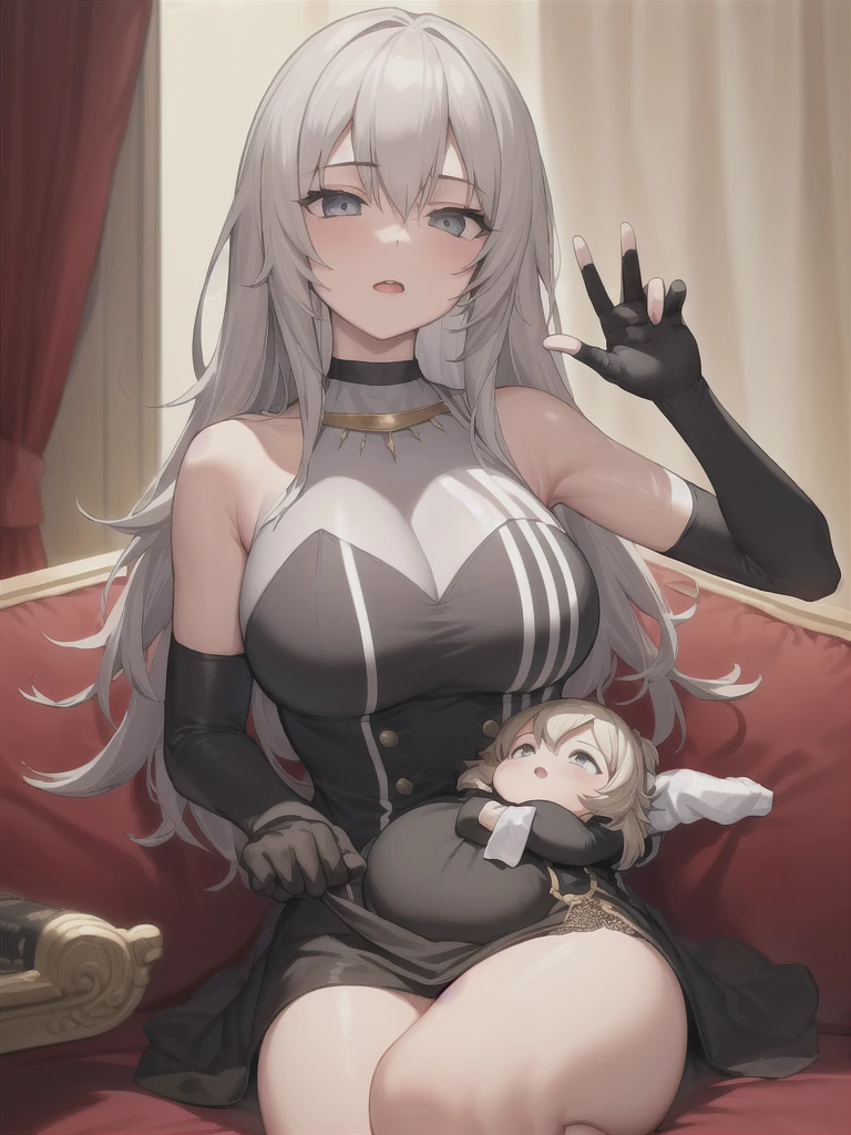 (in hotel, masterpiece, best quality:1.2), 1girl, ((holding , hold infawaving hair, estrus, sweet temptation, ((elbow gloves))